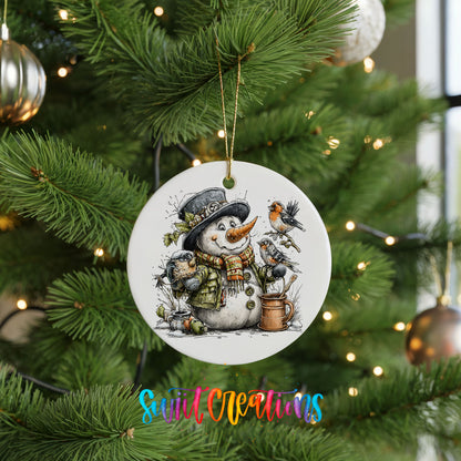 snowman beside a potted evergreen with birds ceramic Christmas ornament hanging on a lit Christmas tree