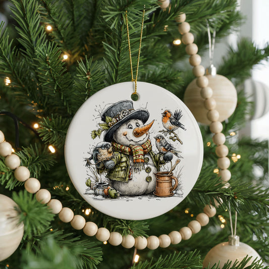 Snowman By Potted Evergreen With Birds ceramic Christmas ornament, front view