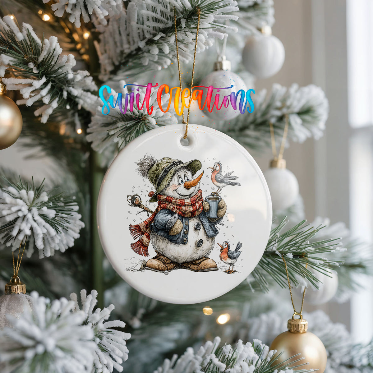 snowman in a green hat holding a winter bird ceramic Christmas ornament hanging on a frosted Christmas tree