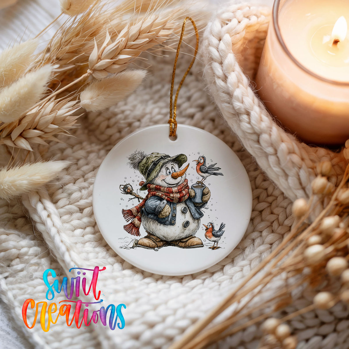 snowman in a green hat holding a winter bird ceramic Christmas ornament styled on a cozy knit blanket