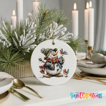 snowman in a green hat holding a winter bird ceramic Christmas ornament shown in a holiday table setting