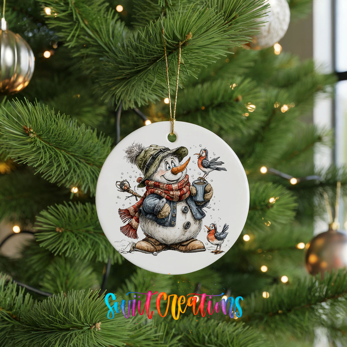 snowman in a green hat holding a winter bird ceramic Christmas ornament hanging on a lit Christmas tree