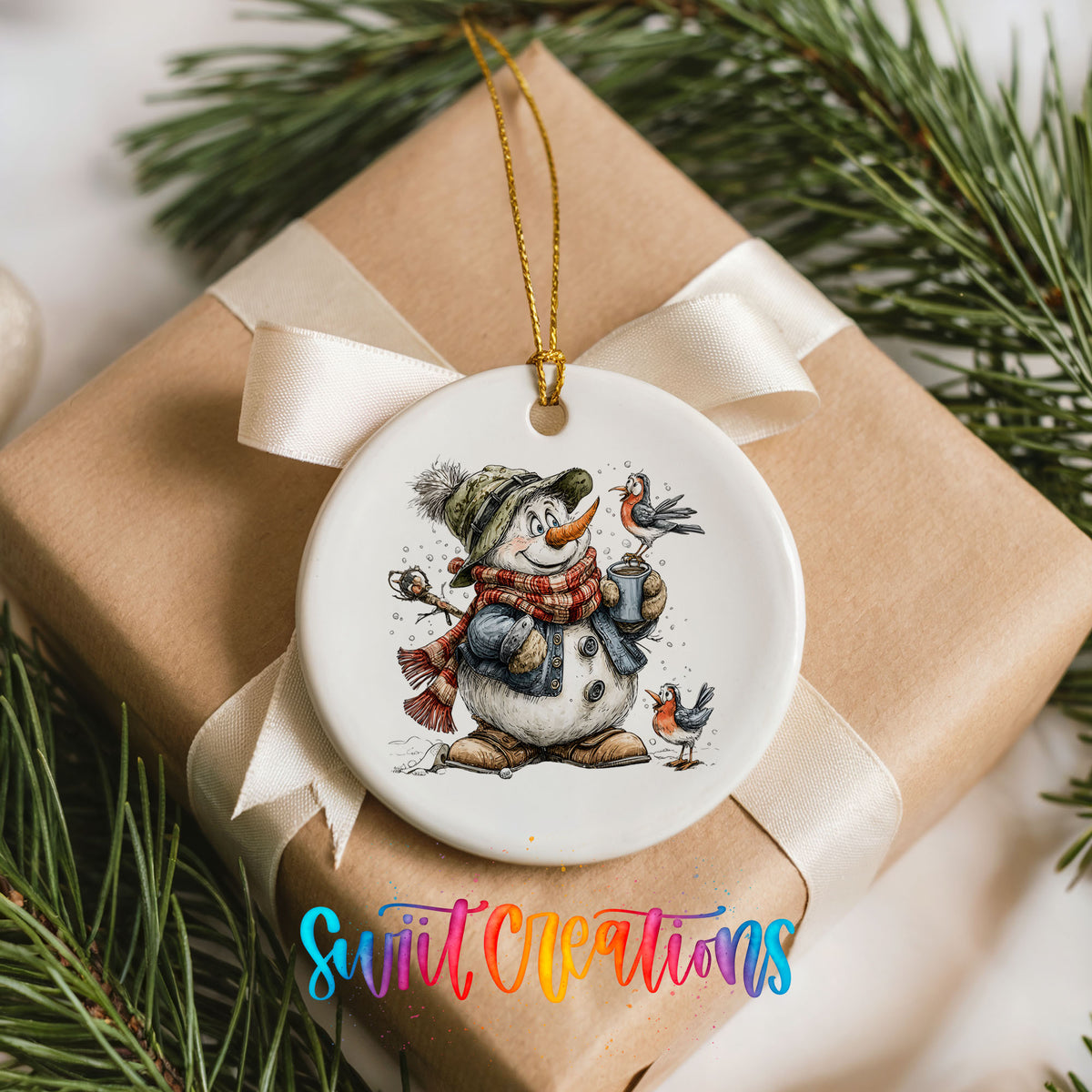 snowman in a green hat holding a winter bird ceramic Christmas ornament displayed on a wrapped Christmas gift