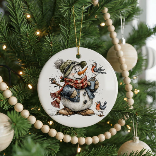 Snowman Holding Winter Bird ceramic Christmas ornament, front view