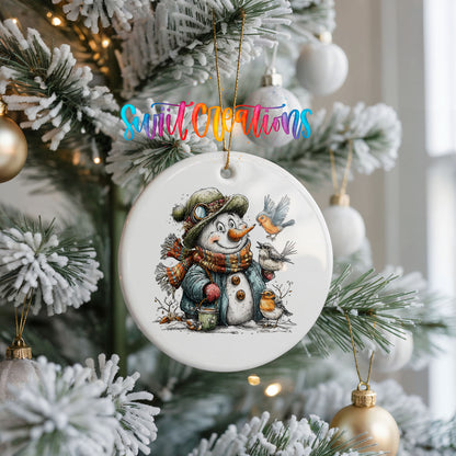snowman in a green winter hat surrounded by birds ceramic Christmas ornament hanging on a frosted Christmas tree