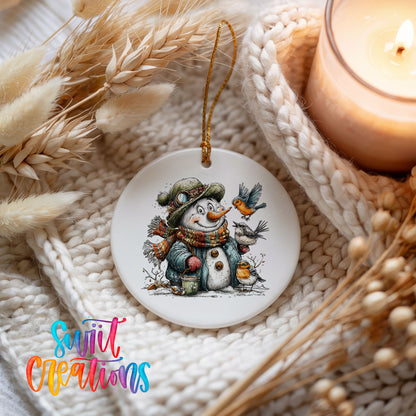 snowman in a green winter hat surrounded by birds ceramic Christmas ornament styled on a cozy knit blanket