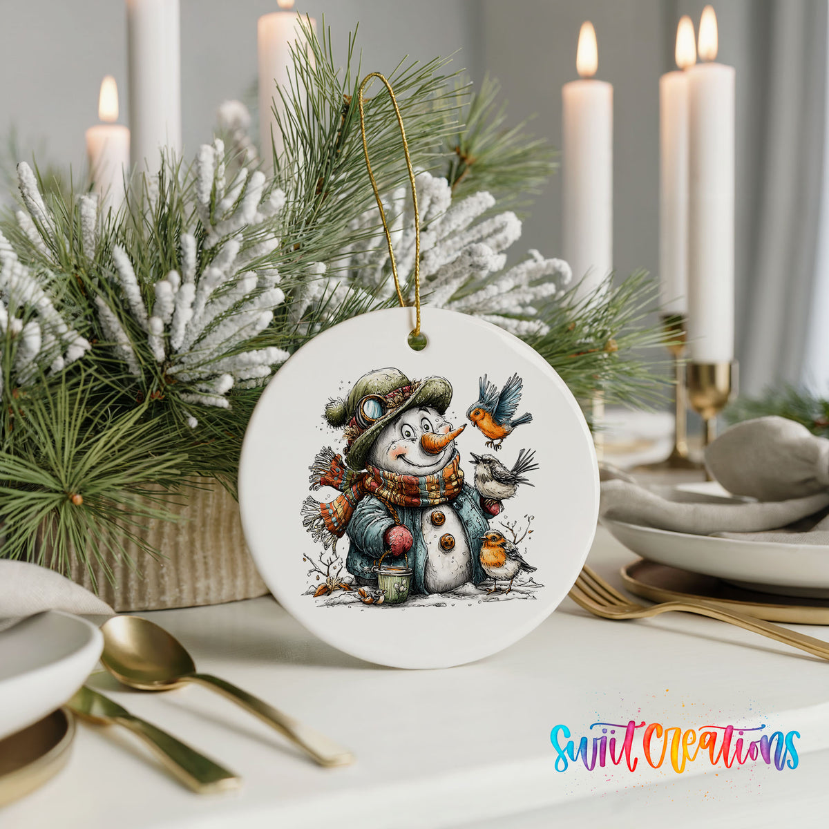 snowman in a green winter hat surrounded by birds ceramic Christmas ornament shown in a holiday table setting