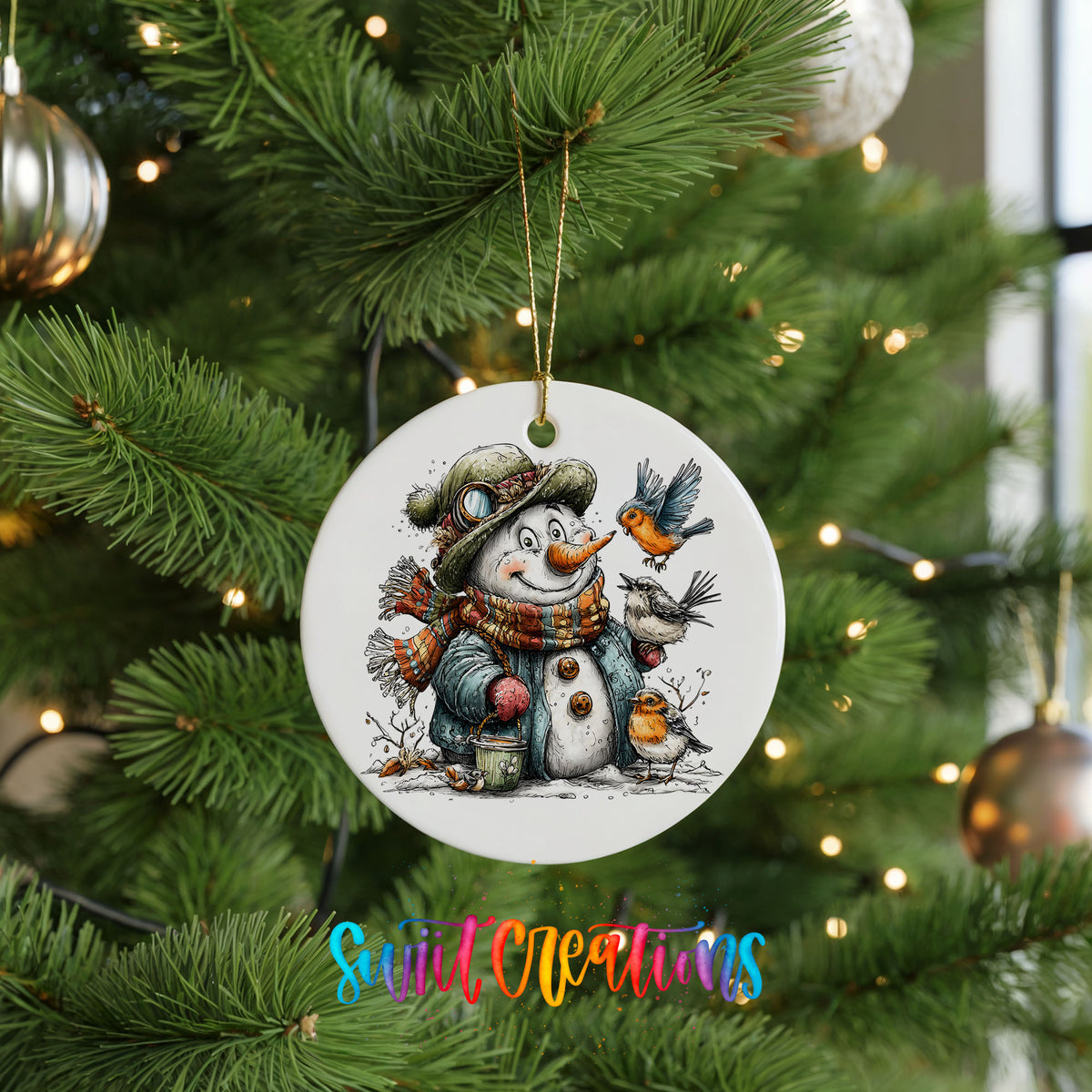 snowman in a green winter hat surrounded by birds ceramic Christmas ornament hanging on a lit Christmas tree