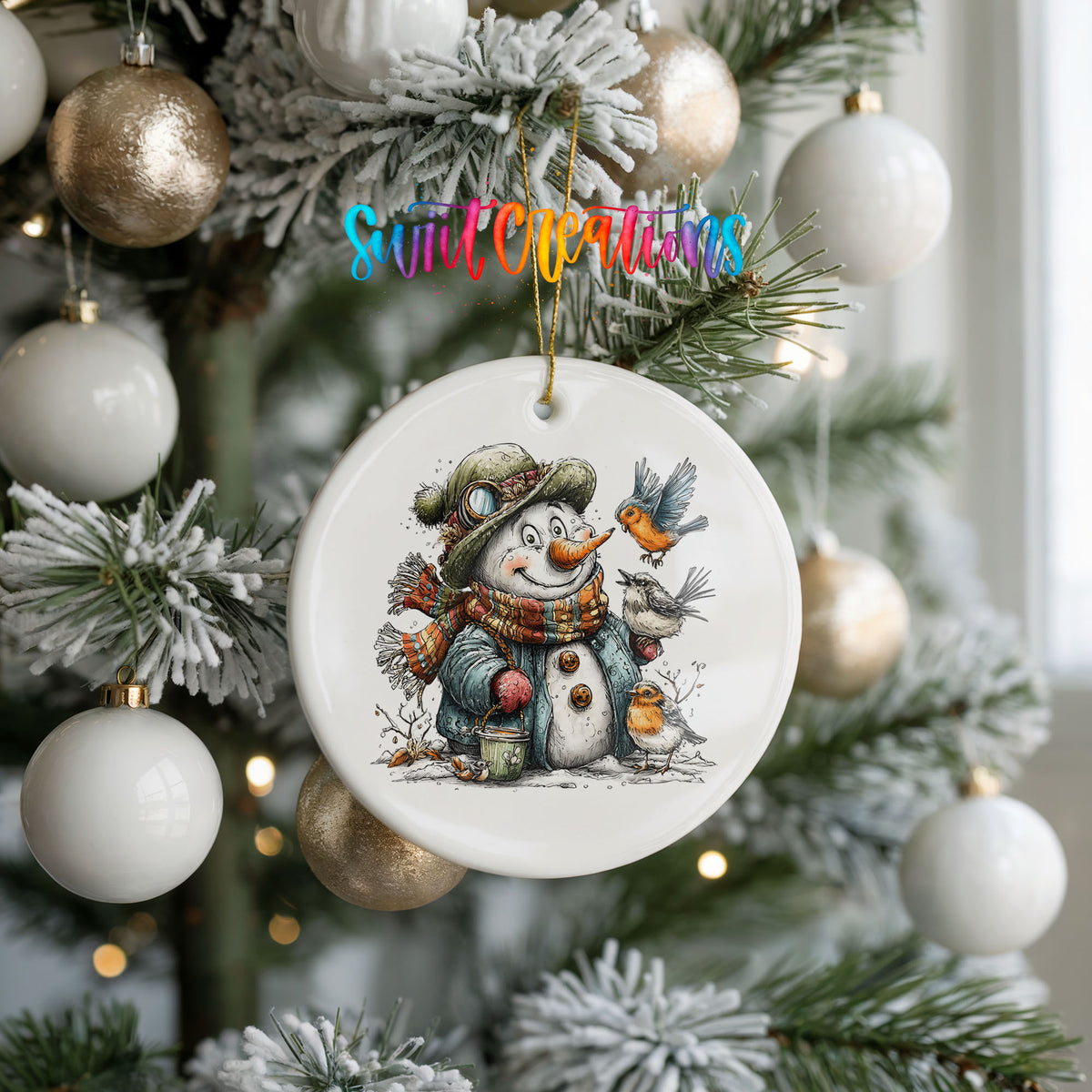 snowman in a green winter hat surrounded by birds ceramic Christmas ornament hanging on a frosted tree with ornaments