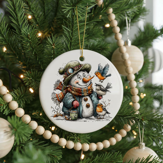 Snowman In Green Hat With Winter Birds ceramic Christmas ornament, front view