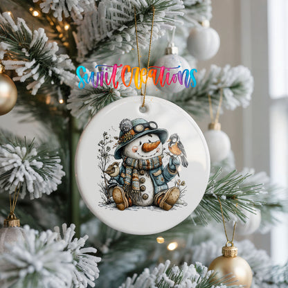 seated snowman in a blue hat with a winter bird ceramic Christmas ornament hanging on a frosted Christmas tree