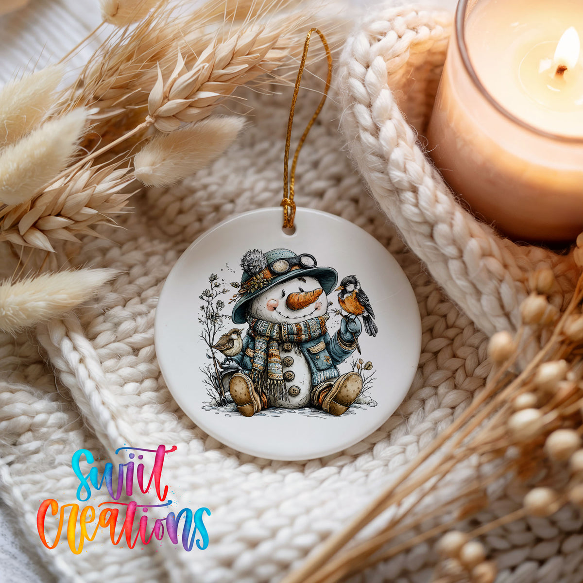 seated snowman in a blue hat with a winter bird ceramic Christmas ornament styled on a cozy knit blanket