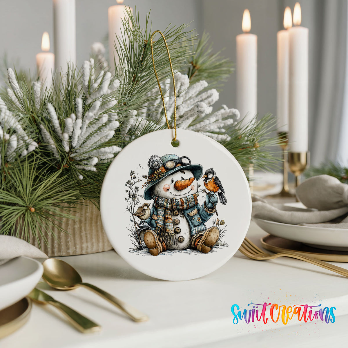 seated snowman in a blue hat with a winter bird ceramic Christmas ornament shown in a holiday table setting