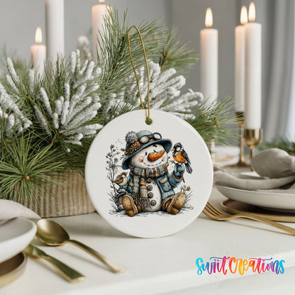 seated snowman in a blue hat with a winter bird ceramic Christmas ornament shown in a holiday table setting