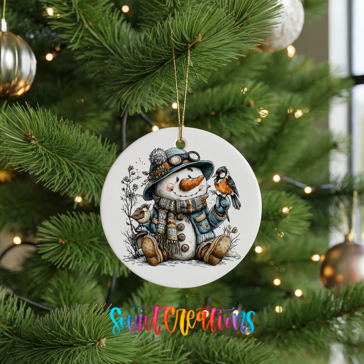 seated snowman in a blue hat with a winter bird ceramic Christmas ornament hanging on a lit Christmas tree