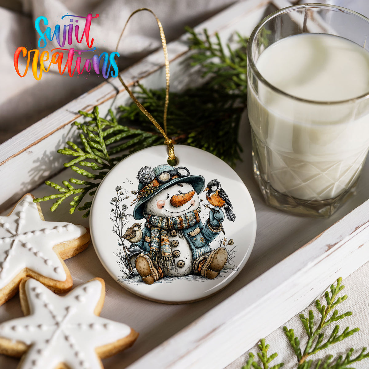 seated snowman in a blue hat with a winter bird ceramic Christmas ornament styled with holiday cookies and a candle