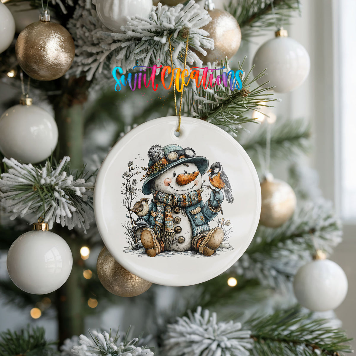seated snowman in a blue hat with a winter bird ceramic Christmas ornament hanging on a frosted tree with ornaments