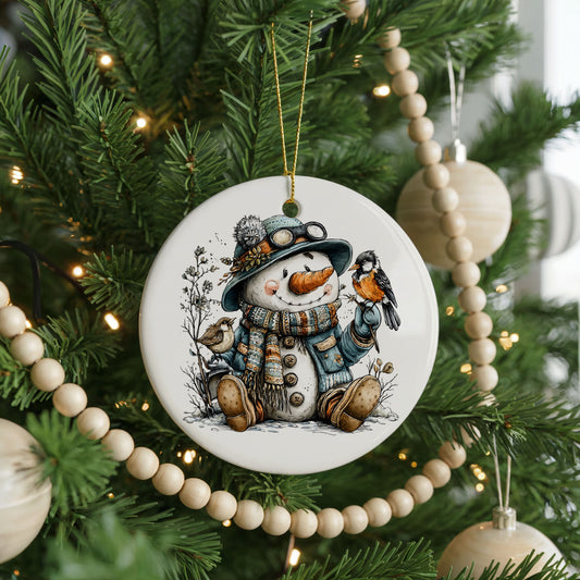 Seated Snowman With Winter Bird ceramic Christmas ornament, front view