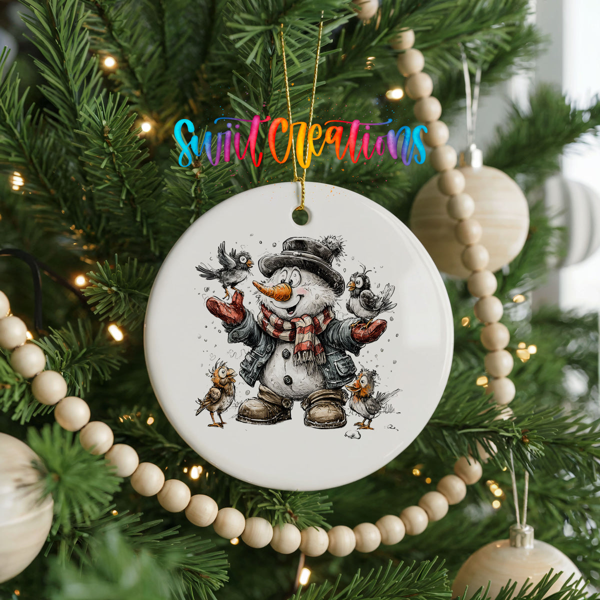 cheerful snowman in a black hat surrounded by birds ceramic Christmas ornament hanging on a green Christmas tree