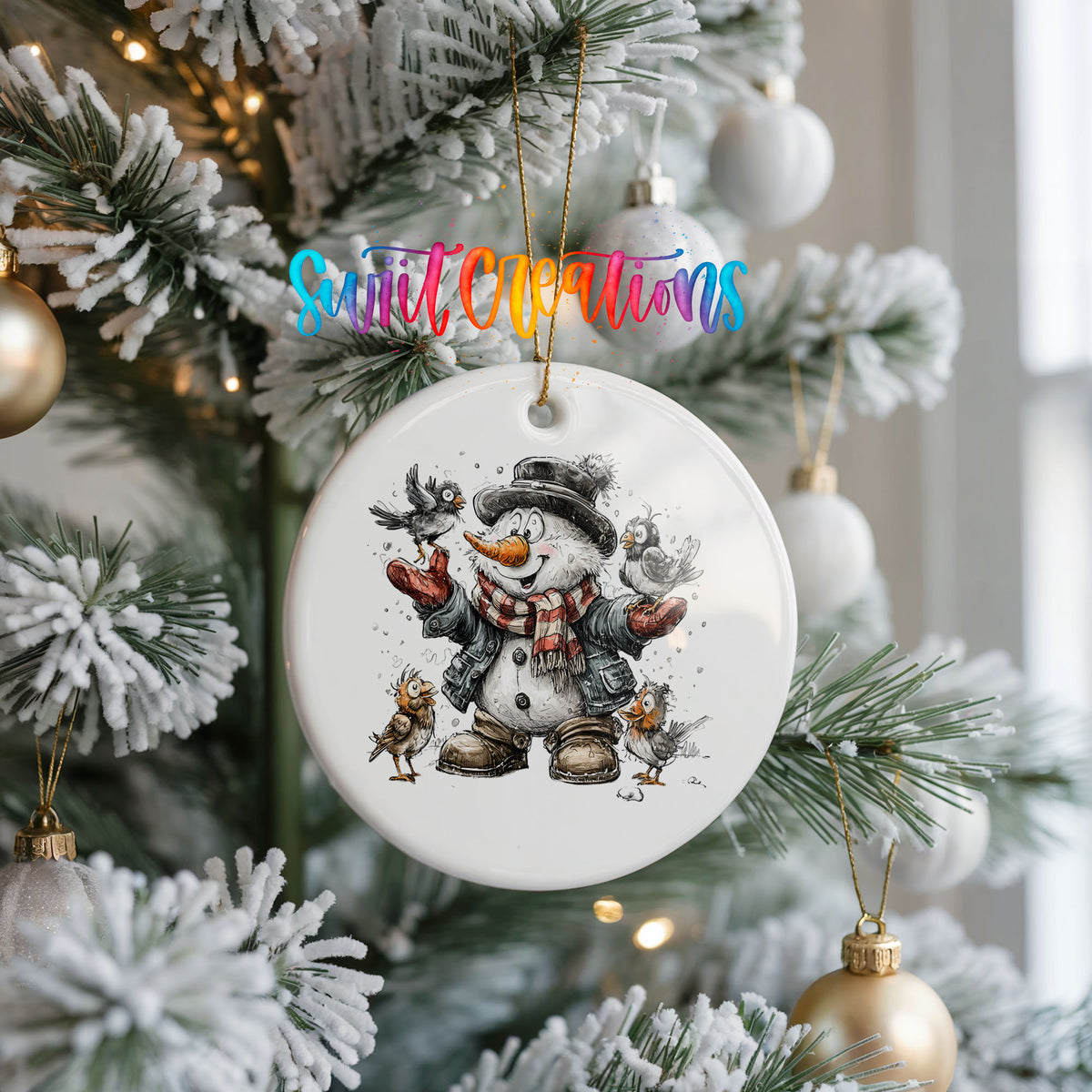 cheerful snowman in a black hat surrounded by birds ceramic Christmas ornament hanging on a frosted Christmas tree