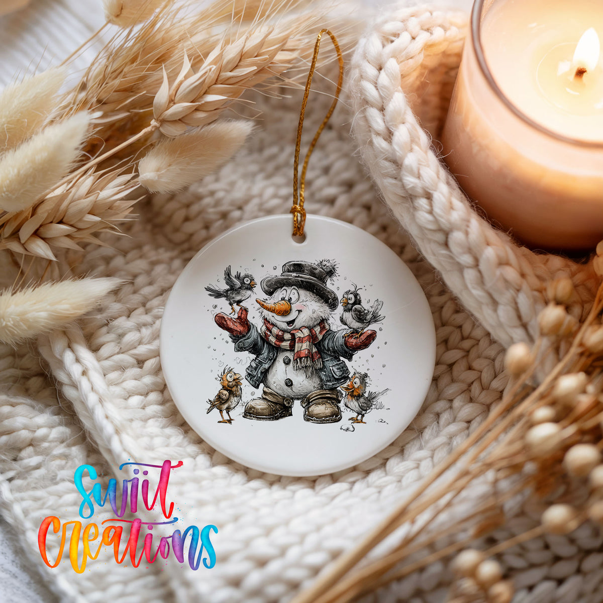 cheerful snowman in a black hat surrounded by birds ceramic Christmas ornament styled on a cozy knit blanket