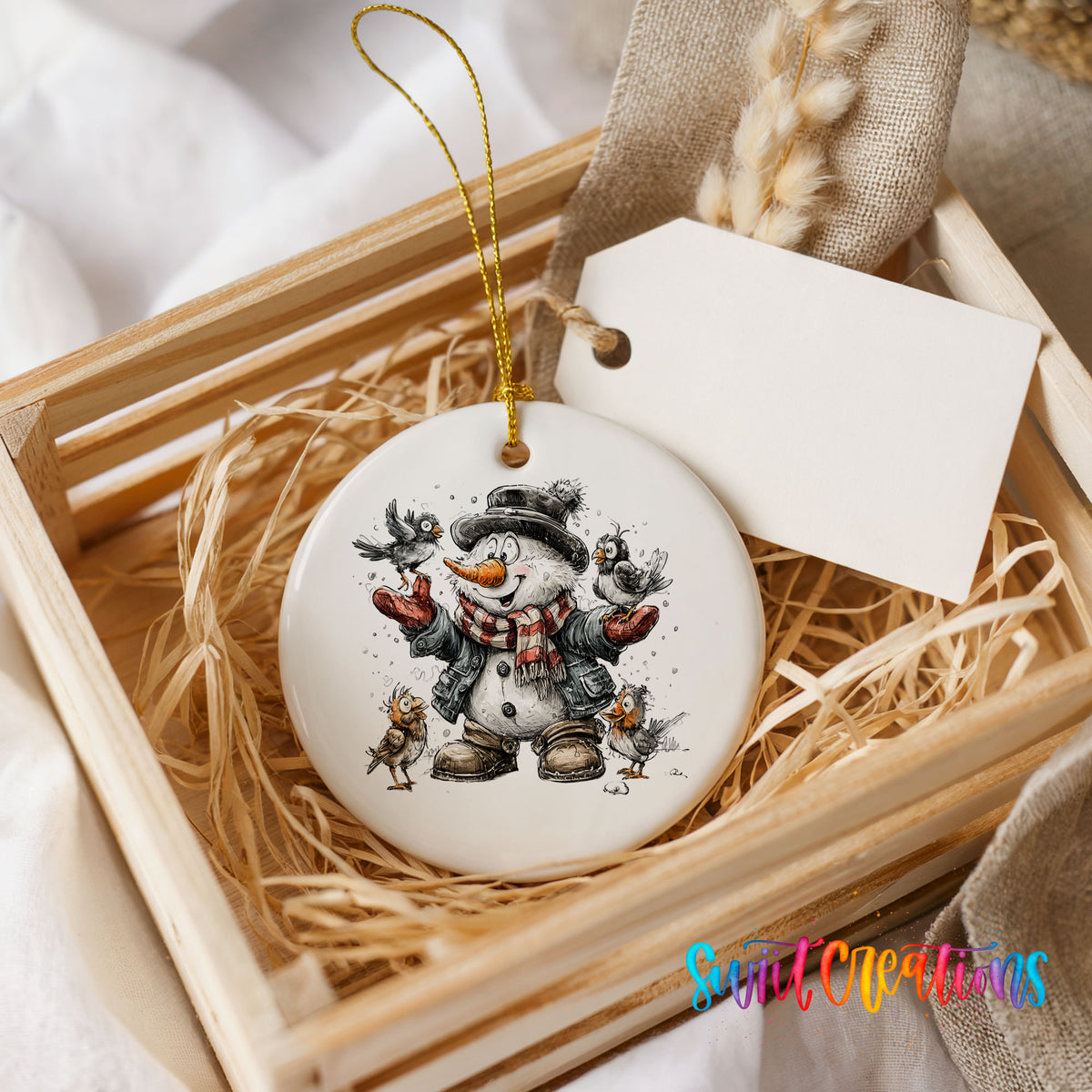 cheerful snowman in a black hat surrounded by birds ceramic Christmas ornament displayed in a wooden gift crate