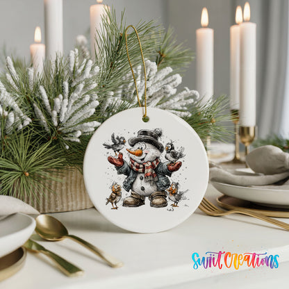 cheerful snowman in a black hat surrounded by birds ceramic Christmas ornament shown in a holiday table setting