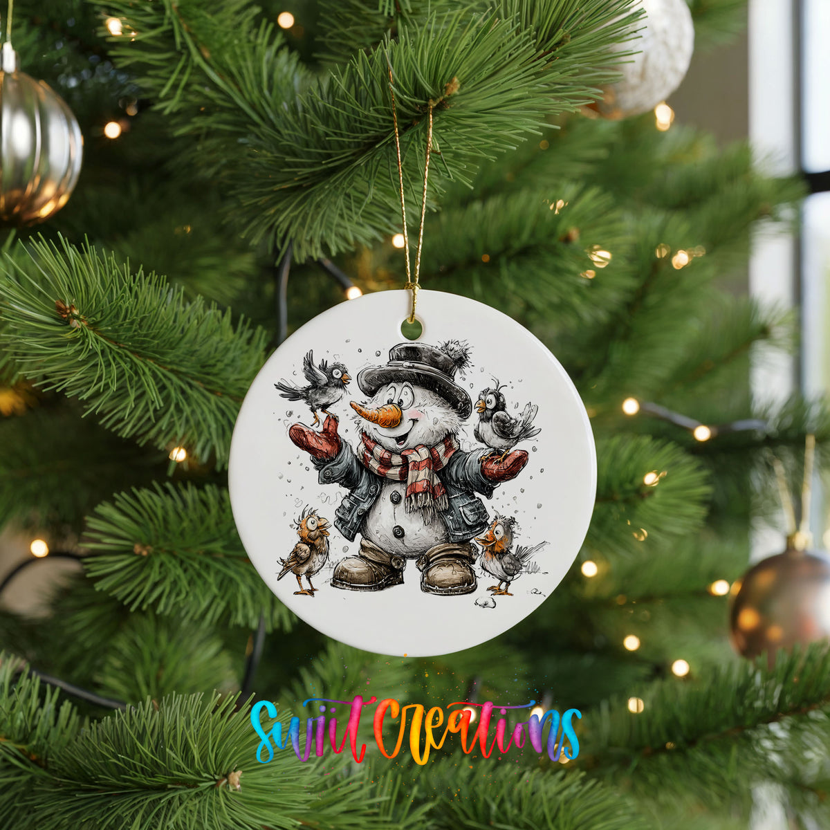 cheerful snowman in a black hat surrounded by birds ceramic Christmas ornament hanging on a lit Christmas tree