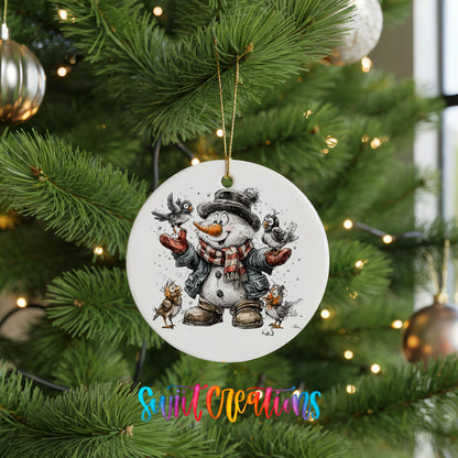 cheerful snowman in a black hat surrounded by birds ceramic Christmas ornament hanging on a lit Christmas tree