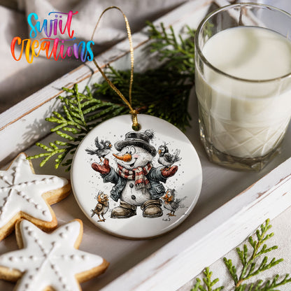 cheerful snowman in a black hat surrounded by birds ceramic Christmas ornament styled with holiday cookies and a candle