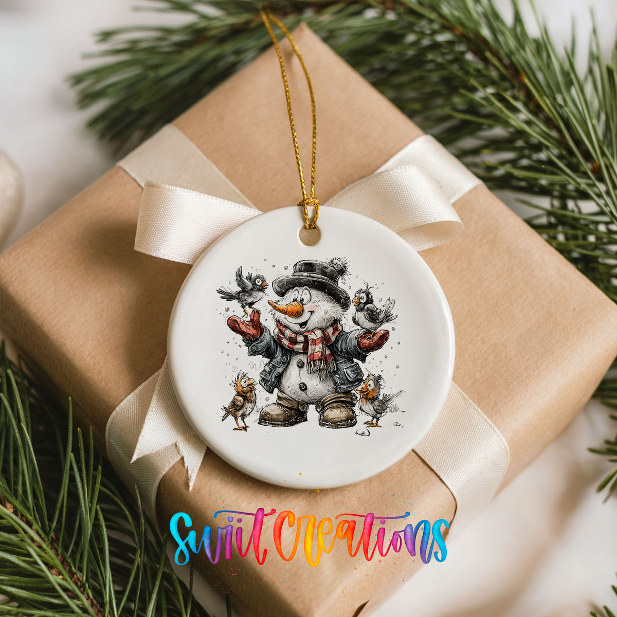 cheerful snowman in a black hat surrounded by birds ceramic Christmas ornament displayed on a wrapped Christmas gift