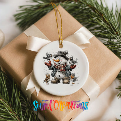 cheerful snowman in a black hat surrounded by birds ceramic Christmas ornament displayed on a wrapped Christmas gift