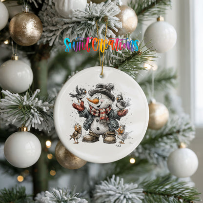 cheerful snowman in a black hat surrounded by birds ceramic Christmas ornament hanging on a frosted tree with ornaments