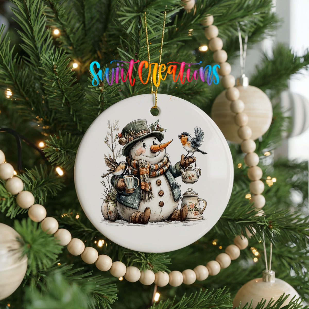 snowman with a lantern and winter birds ceramic Christmas ornament hanging on a green Christmas tree