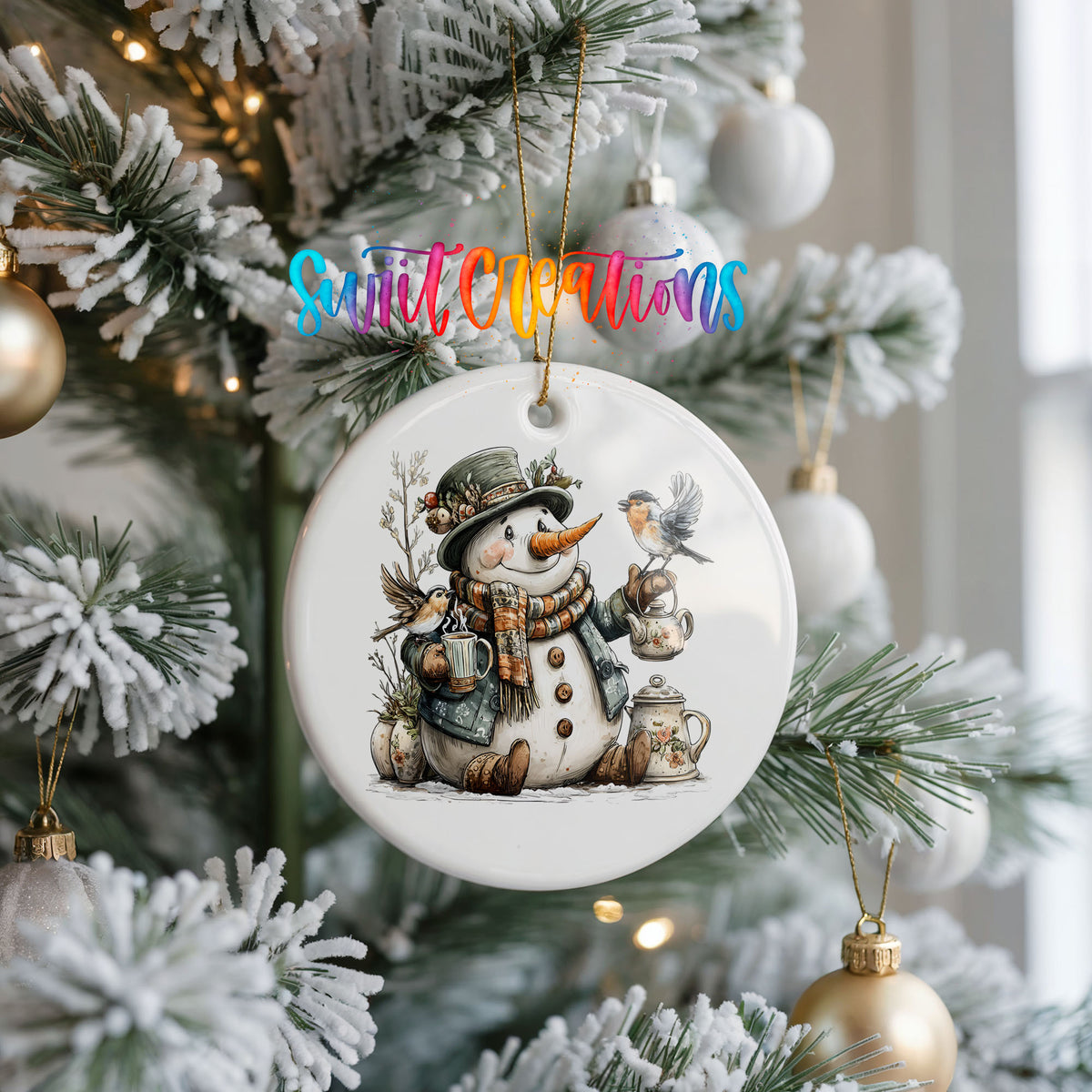 snowman with a lantern and winter birds ceramic Christmas ornament hanging on a frosted Christmas tree