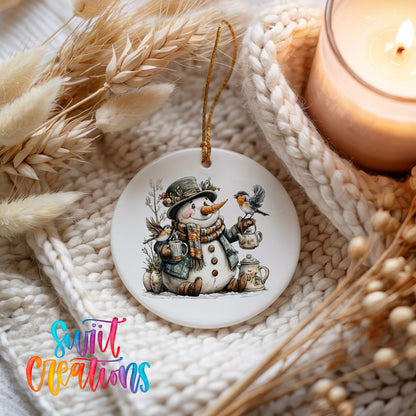 snowman with a lantern and winter birds ceramic Christmas ornament styled on a cozy knit blanket