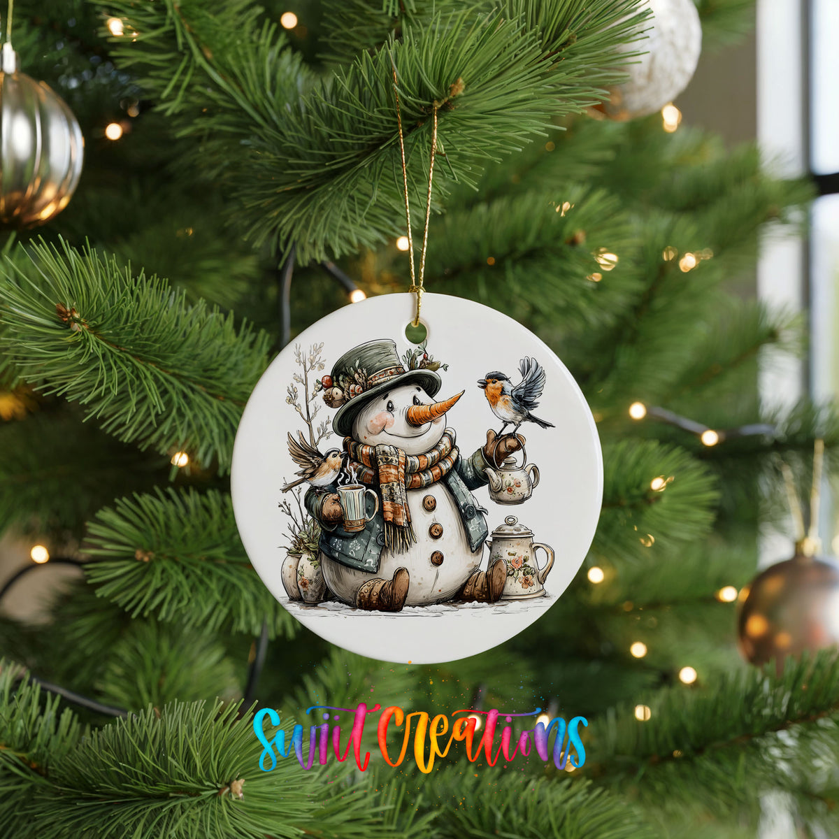 snowman with a lantern and winter birds ceramic Christmas ornament hanging on a lit Christmas tree