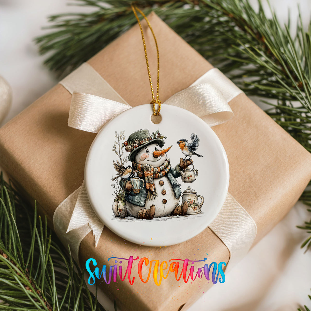 snowman with a lantern and winter birds ceramic Christmas ornament displayed on a wrapped Christmas gift