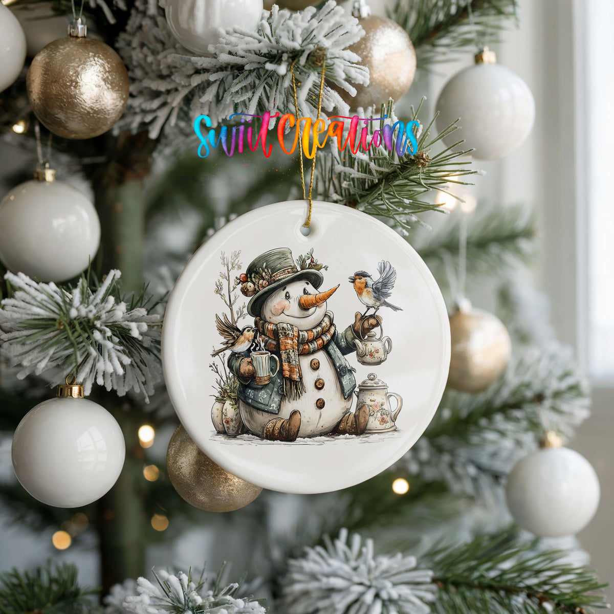 snowman with a lantern and winter birds ceramic Christmas ornament hanging on a frosted tree with ornaments