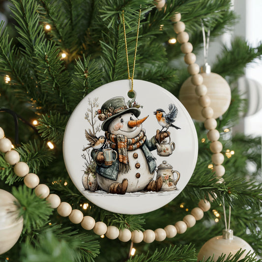 Snowman With Lantern And Winter Birds ceramic Christmas ornament, front view