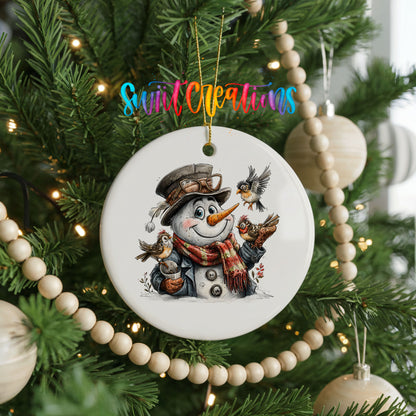 snowman in a brown hat holding a winter bird ceramic Christmas ornament hanging on a green Christmas tree