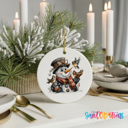 snowman in a brown hat holding a winter bird ceramic Christmas ornament shown in a holiday table setting