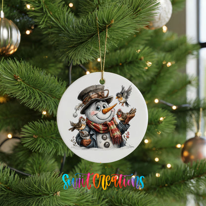 snowman in a brown hat holding a winter bird ceramic Christmas ornament hanging on a lit Christmas tree