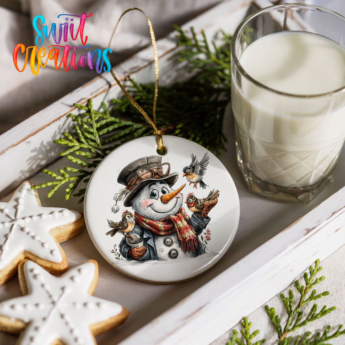 snowman in a brown hat holding a winter bird ceramic Christmas ornament styled with holiday cookies and a candle