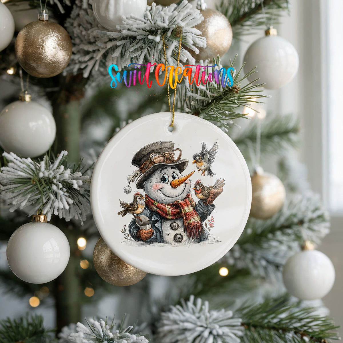snowman in a brown hat holding a winter bird ceramic Christmas ornament hanging on a frosted tree with ornaments
