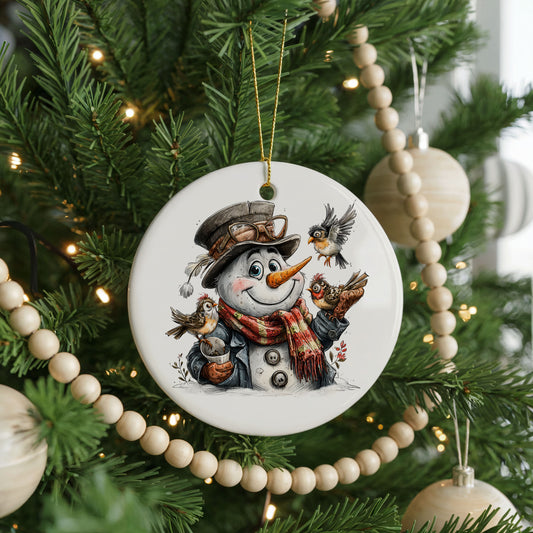 Snowman Holding Winter Bird ceramic Christmas ornament, front view
