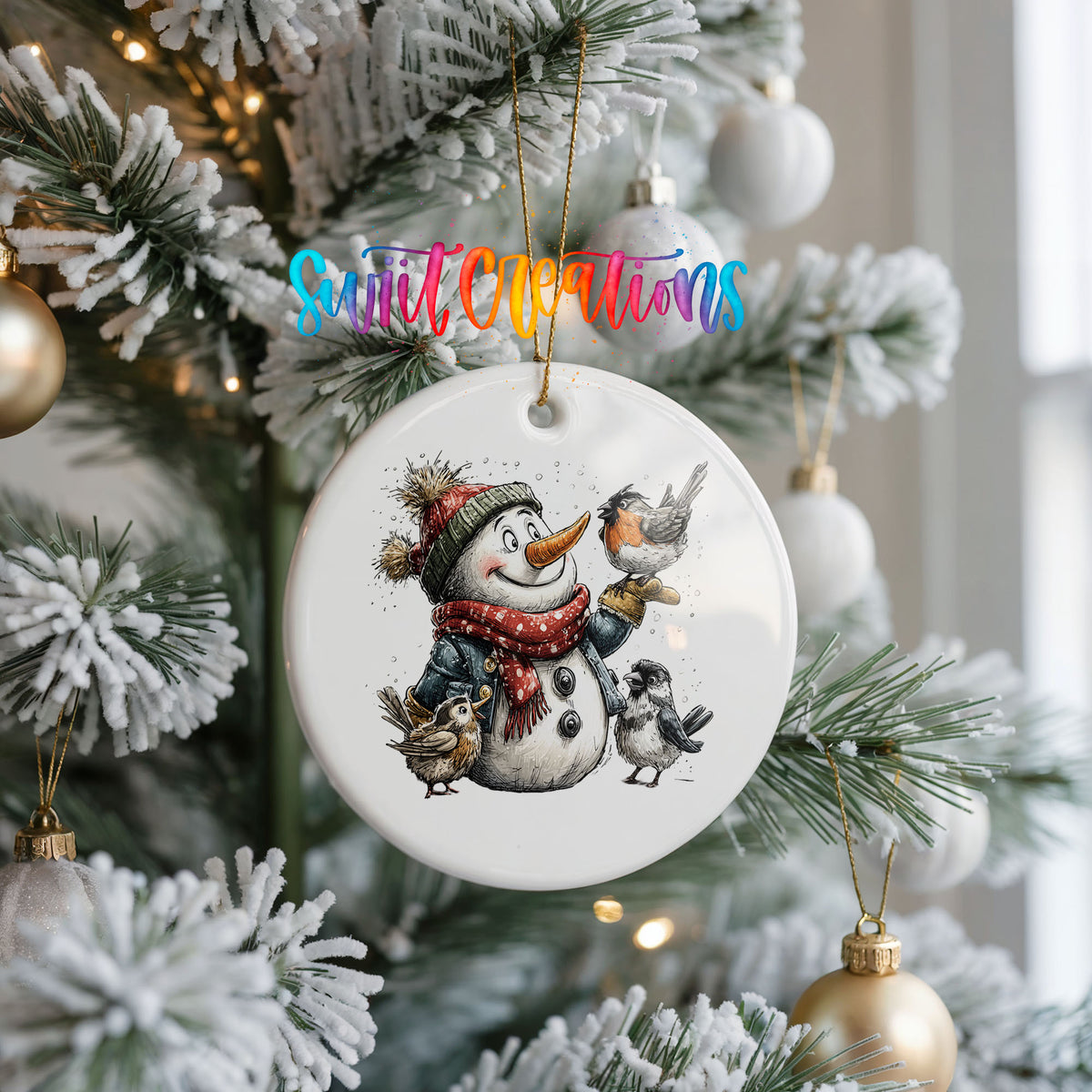 snowman in a red scarf surrounded by birds ceramic Christmas ornament hanging on a frosted Christmas tree