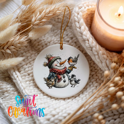 snowman in a red scarf surrounded by birds ceramic Christmas ornament styled on a cozy knit blanket
