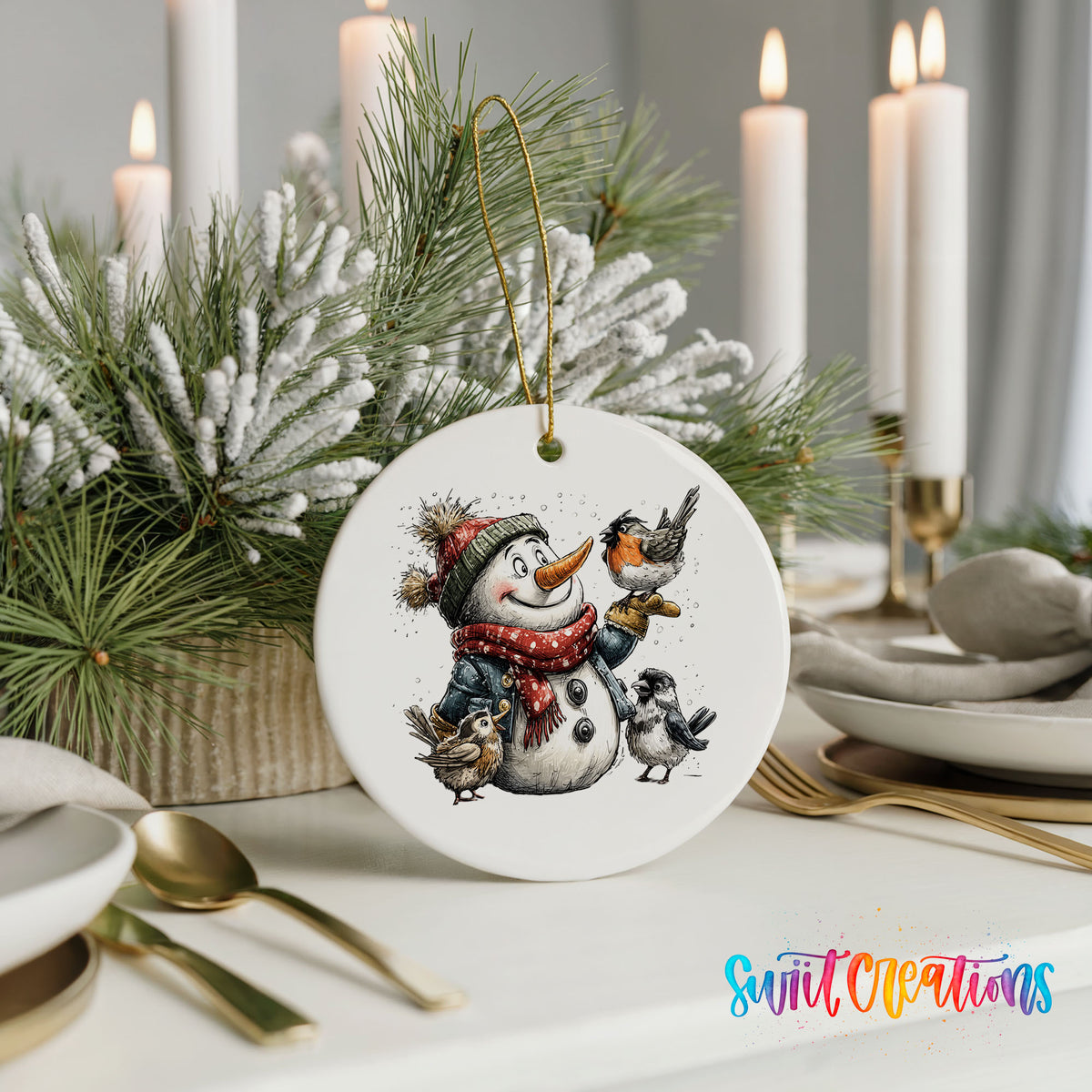 snowman in a red scarf surrounded by birds ceramic Christmas ornament shown in a holiday table setting