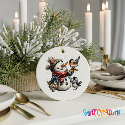 snowman in a red scarf surrounded by birds ceramic Christmas ornament shown in a holiday table setting